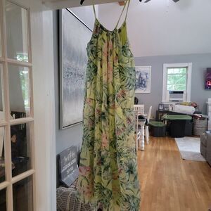 Elena Baldi Women Green Silk Blend Floral Print Straight Neck Dress Size…